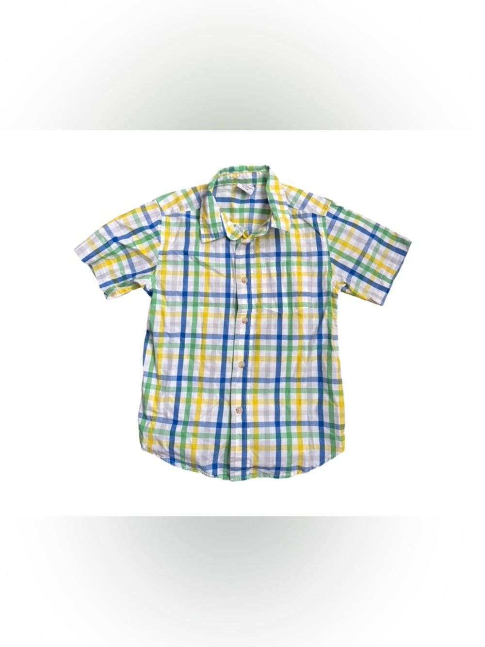 Wrangler Boys Short-Sleeve Plaid Button-Up Shirt in Blue, Green & Yellow Size 7.
